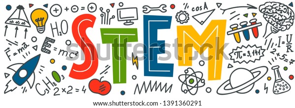 graphic with various scientific doodles surrounding the word "STEM"