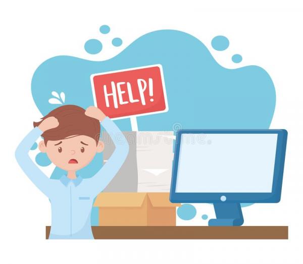 Clip art of man at computer with "help" sign above him