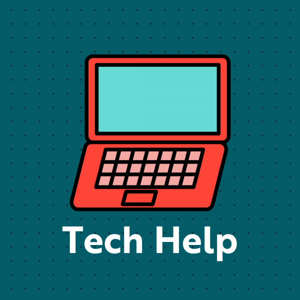Red and teal laptop with the text "Tech Help" written underneath