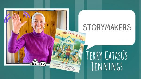 A photo of author Terry Catasús Jennings waving at the camera alongside the book cover for her new picture book, 