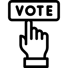 black and white image of a hand pointing to a sign that says "Vote"
