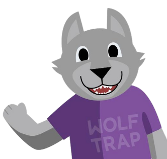 Gray wolf waving, wearing a purple shirt that says "Wolf Trap"